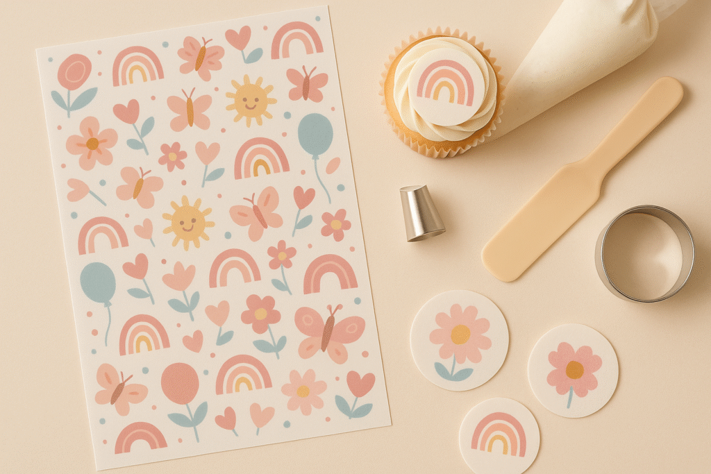 Flat-lay photo of edible frosting sheets, printed cupcake toppers, baking tools, and a cupcake decorated with an edible image, showcasing Aurora Confectionery’s edible printing products.